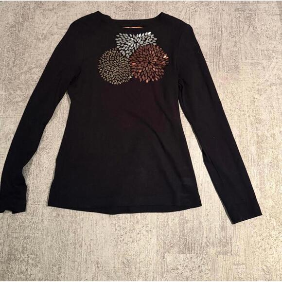 Tory Burch Women's Black Long Sleeve Top with Floral Sequin Detail sz L
